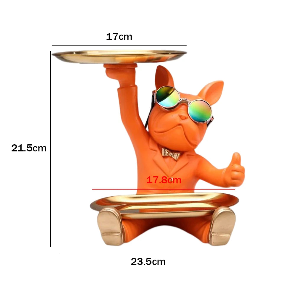 Bulldog Teddy “Cool Butler” Sculpture – Resin Dog Ornament with Storage Tray | Nordic Table Decor & Coin Piggy Bank