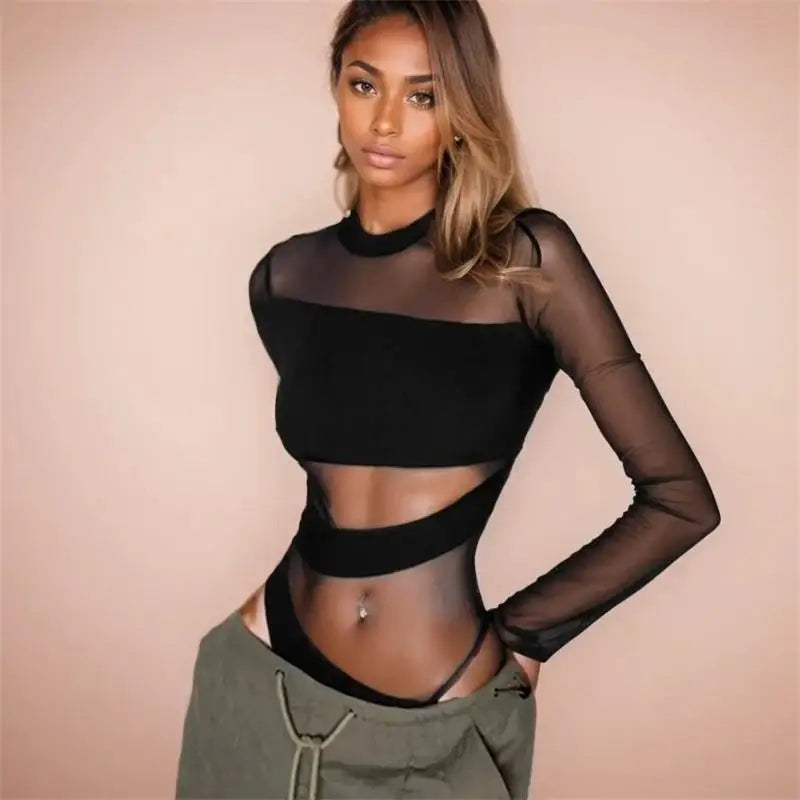 Spring/Summer Sexy Cut-Out Mesh Jumpsuit – Long Sleeve, Diagonal Neckline, Black Bodysuit for Clubwear
