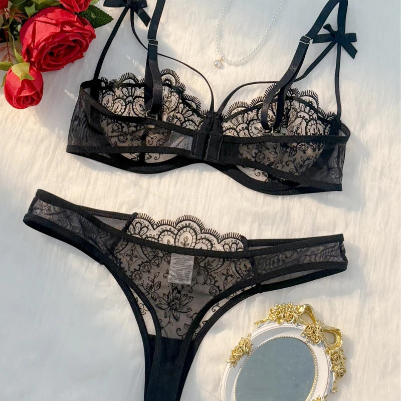 Effortlessly Elegant. Unapologetically Seductive French Lingerie Set – Lace Embroidered Bra and T-Back Panty