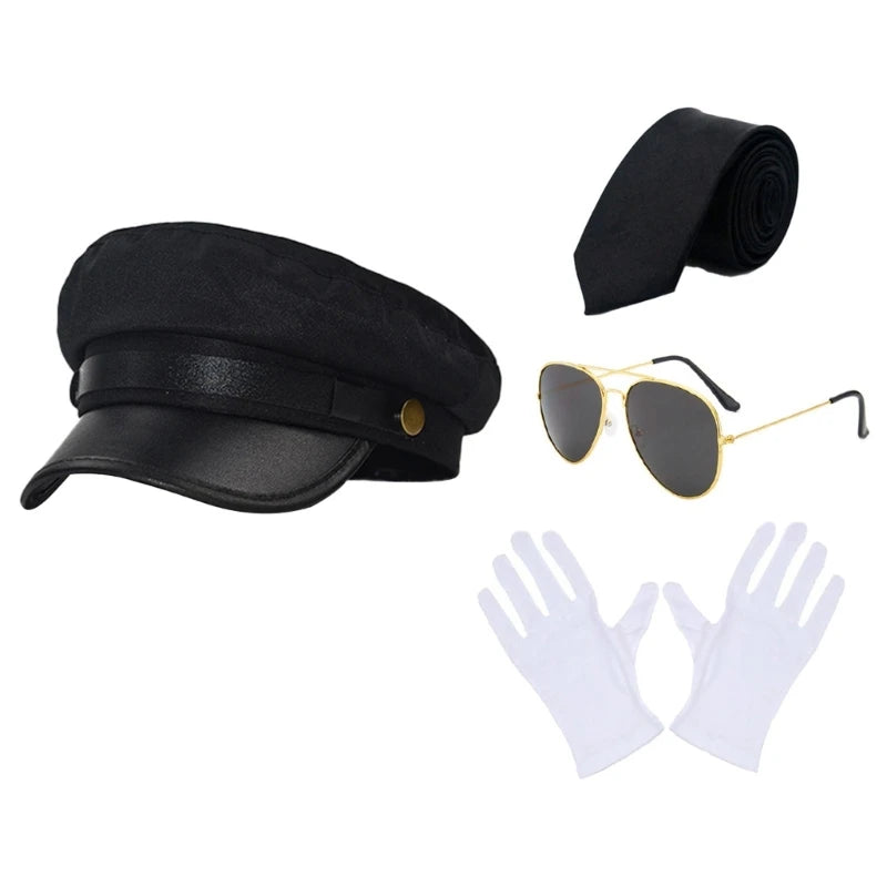 Men’s Chauffeur Costume Kit – Limo Driver Hat, Gloves, Tie & Sunglasses – Cosplay & Theme Party Accessories