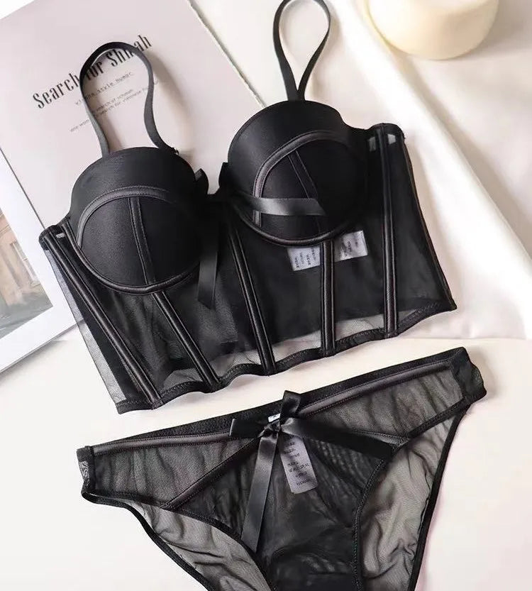 French Lace Dobby Corset Lingerie Set – Soft Bra & Panties for Women, Romantic Wedding Body Shaper & Cropped Top Underwear