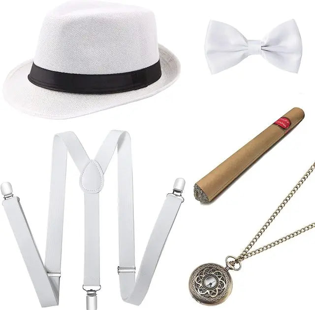 Roaring 20s Gatsby Gangster Accessory Kit – Vintage Panama Hat, Bow Tie & Suspenders for Dashing 1920s Cosplay or Speakeasy Style