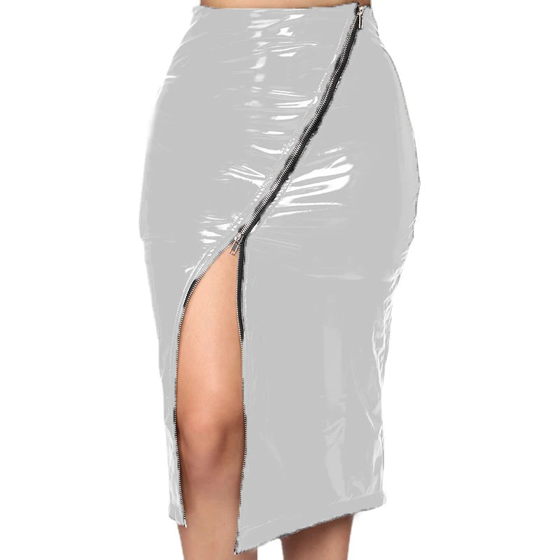 Seductive Women’s Full Zip Faux Leather PVC Pencil Skirt – High-Waisted Latex Skirt in 5XL, 6XL, 7XL for Nightclub & Party