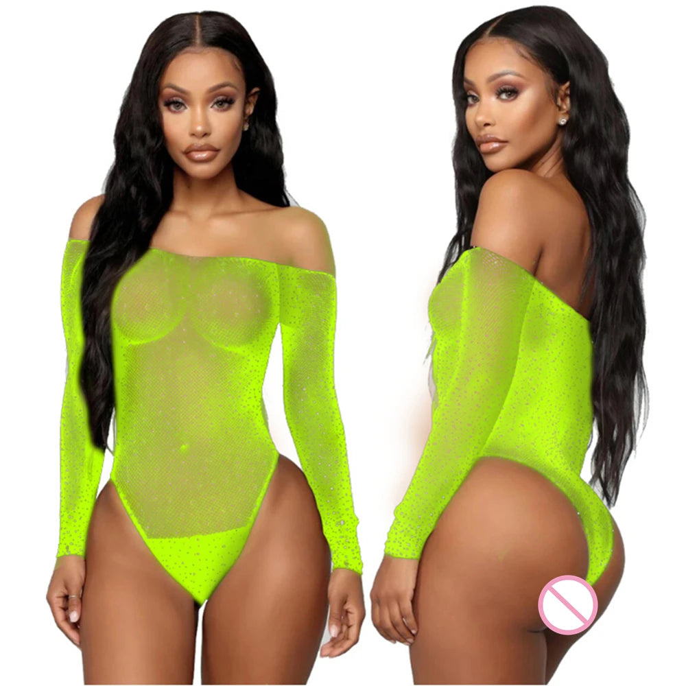 Sexy Fishnet Lingerie Bodysuit for Women – Sheer Mesh Bodystocking with Diamonds, Erotic See-Through Costume