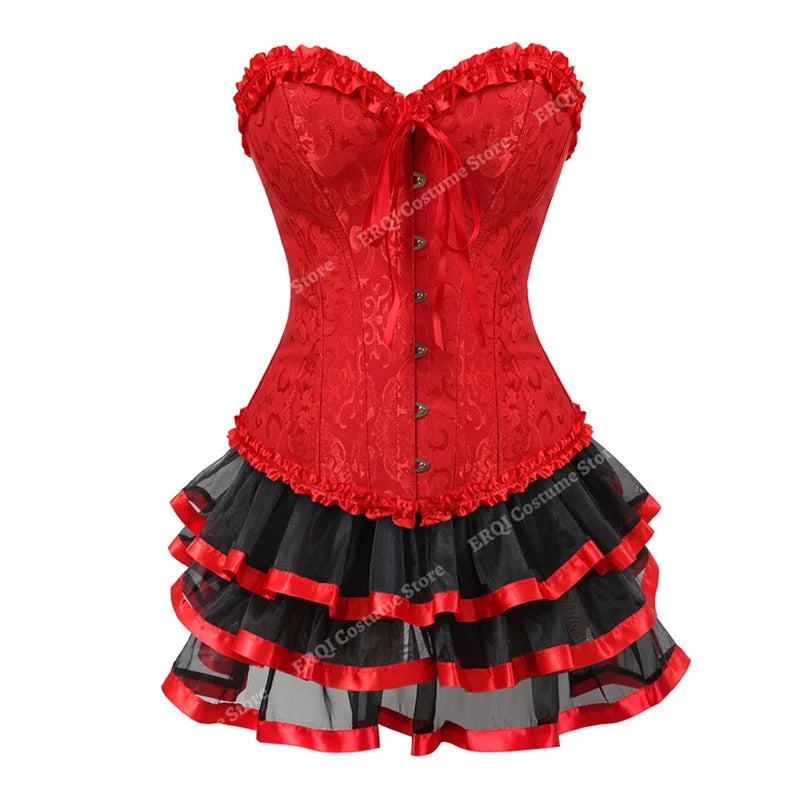 Sexy Red Corset Dress with Straps – Lace-Up Bustier Top & Mini Skirt Set, Showgirl Carnival Party Costume for Women