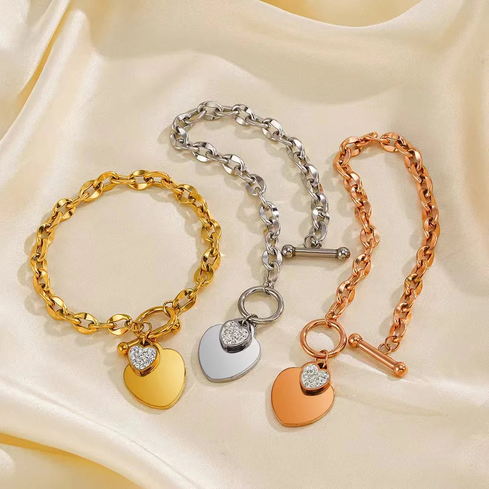 Elegant 3-Color Double Heart Necklace & Bracelet Set – Stainless Steel, Gold/Silver, Waterproof Crystal Jewellery for Women