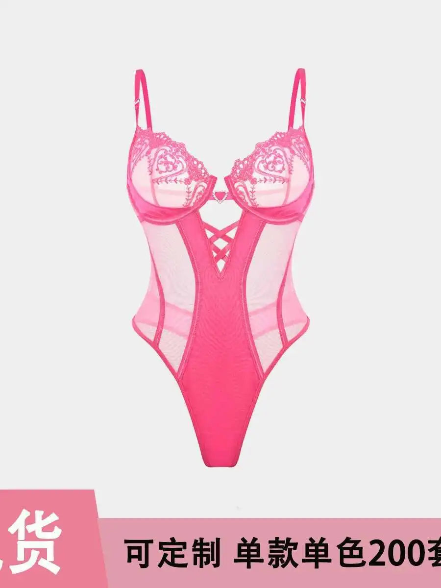 Ultra-Sheer Pink Mesh Lingerie Set – Sexy Slim-Fit Bodysuit with See-Through Bra for Women