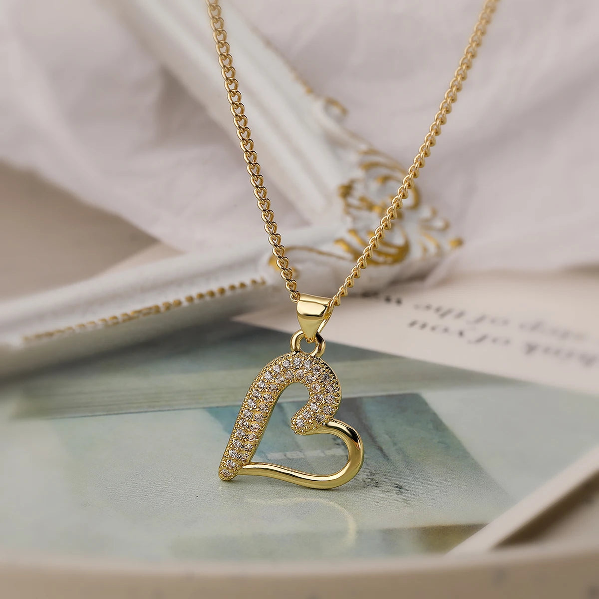 Shimmering Zircon Heart Necklace – Gold Stainless Steel