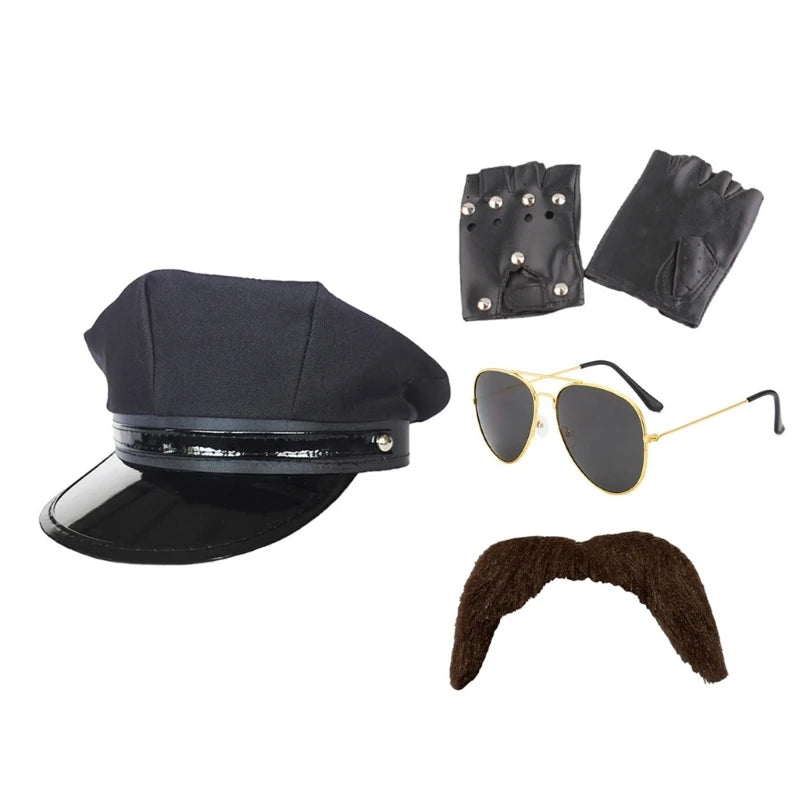 Men’s Chauffeur Costume Kit – Limo Driver Hat, Gloves, Tie & Sunglasses – Cosplay & Theme Party Accessories