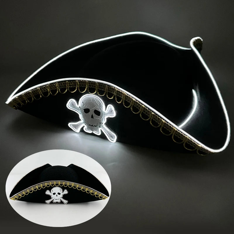 Glowing LED Pirate Hat – Black Skull Cap for Adults – Light-Up Halloween & Pirate Theme Party Costume Accessory