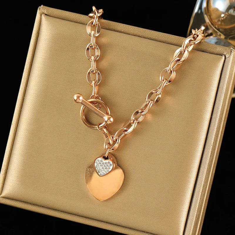 Elegant 3-Color Double Heart Necklace & Bracelet Set – Stainless Steel, Gold/Silver, Waterproof Crystal Jewellery for Women