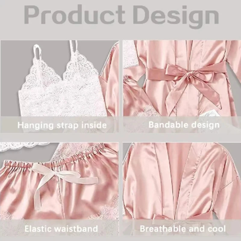 Luxury 4-Piece Satin & Lace Sleepwear Set – Sensual Summer Nightwear for Women