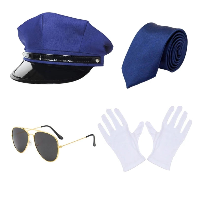 Men’s Chauffeur Costume Kit – Limo Driver Hat, Gloves, Tie & Sunglasses – Cosplay & Theme Party Accessories