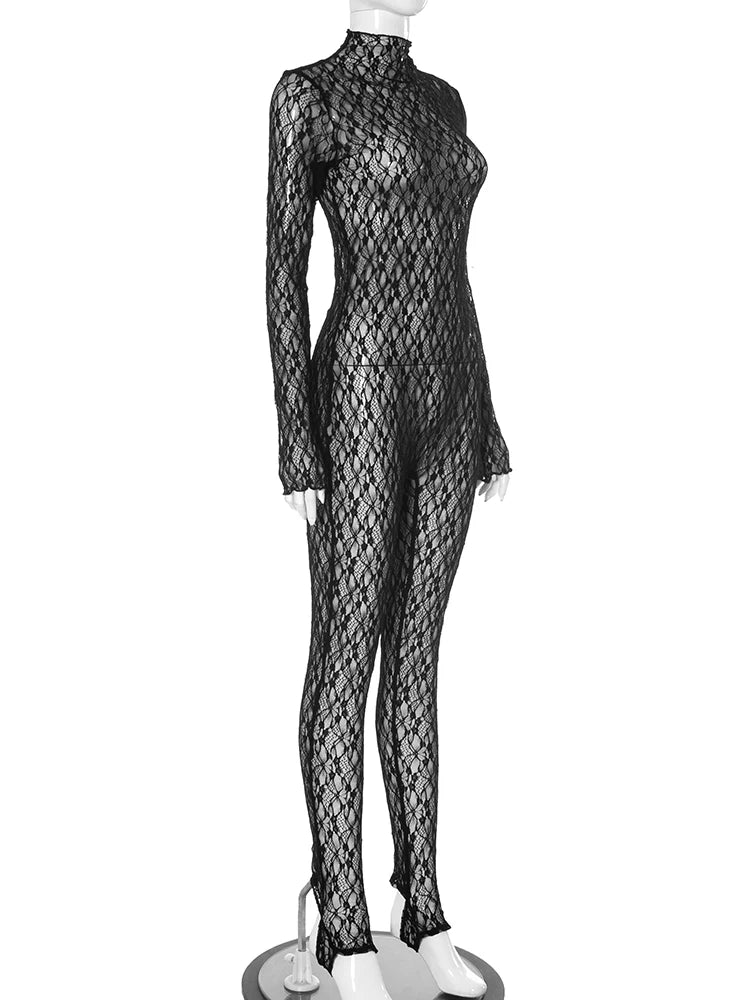 Sexy Lace See-Through Jumpsuit – Coquette Long Sleeve Stand Collar Clubwear for Women, Stretchy Night out Outfit