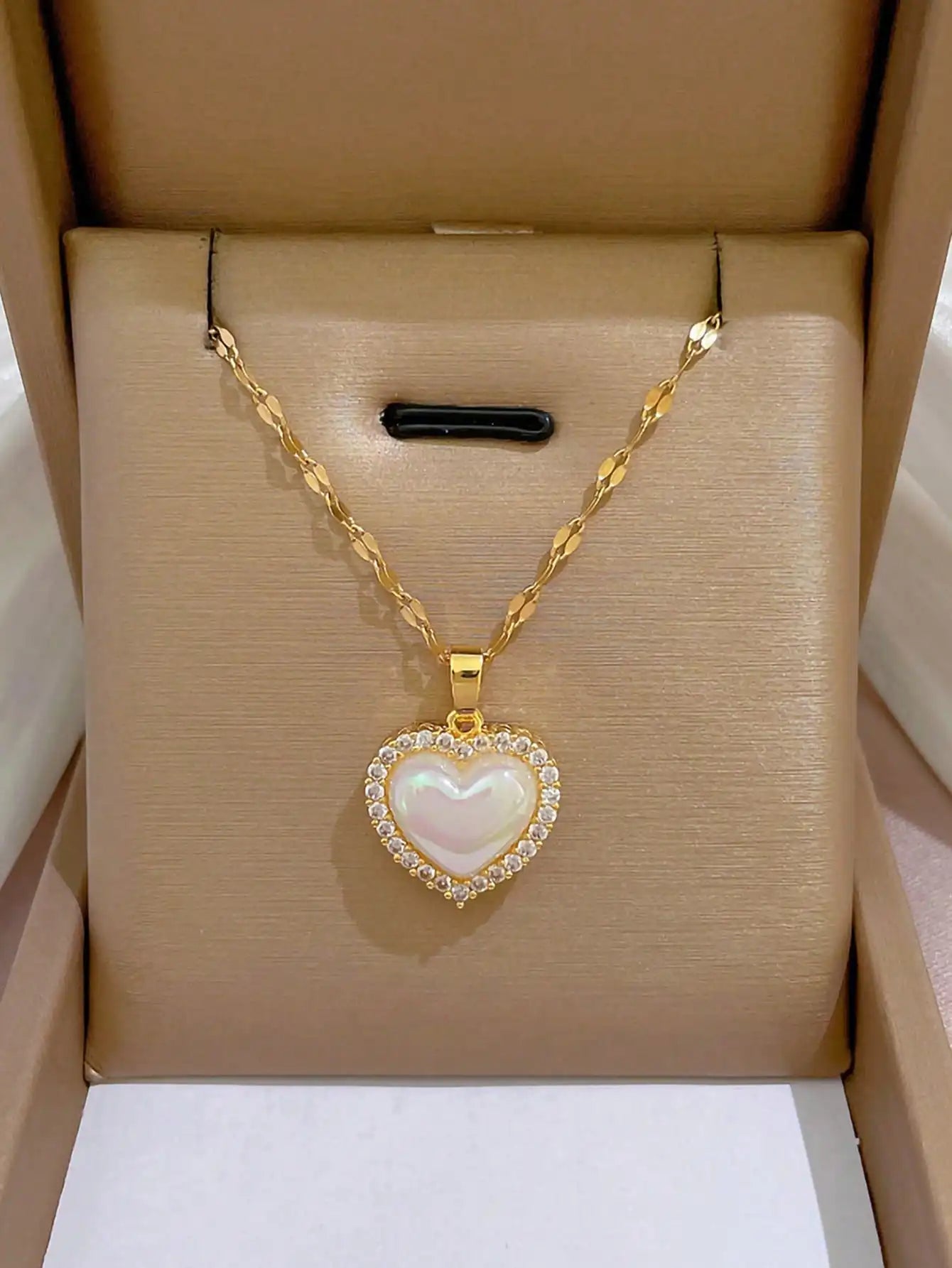 Golden Pearl Heart Necklace with Crystal Pendant