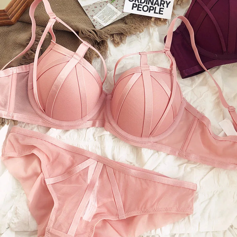 Hot Sale Sexy Lace Lingerie Set – Hollow Push-Up Bra & Bandage Panties for Women, Fluorescent Fashion Underwear (Plus Size C–D Cups)