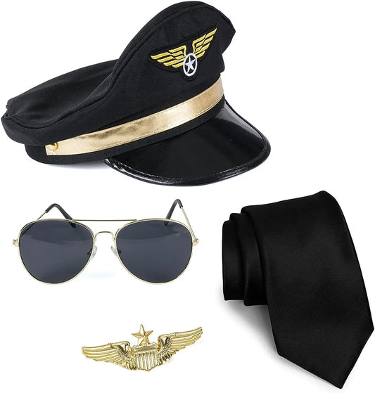 Pilot Costume Accessories Set of 4 – Hat, Badge, Tie & Sunglasses