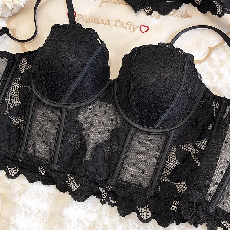 French Lace Dobby Corset Lingerie Set – Soft Bra & Panties for Women, Romantic Wedding Body Shaper & Cropped Top Underwear