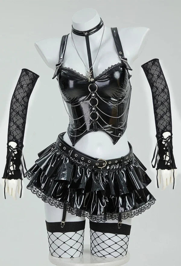 Sexy Gothic Misa Lingerie Set – Black Cami Top, Mini Skirt, Sleeves & Choker Cosplay Costume