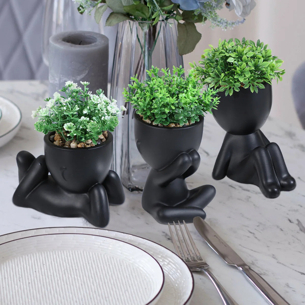 Adorable Eucalyptus Plant in Black & White Character Pot Sexy Boy Girl Pose Mini Planter for Home Decor Present Gift