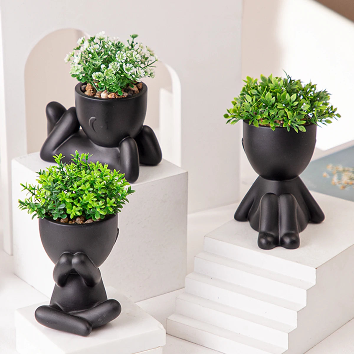 Adorable Eucalyptus Plant in Black & White Character Pot Sexy Boy Girl Pose Mini Planter for Home Decor Present Gift