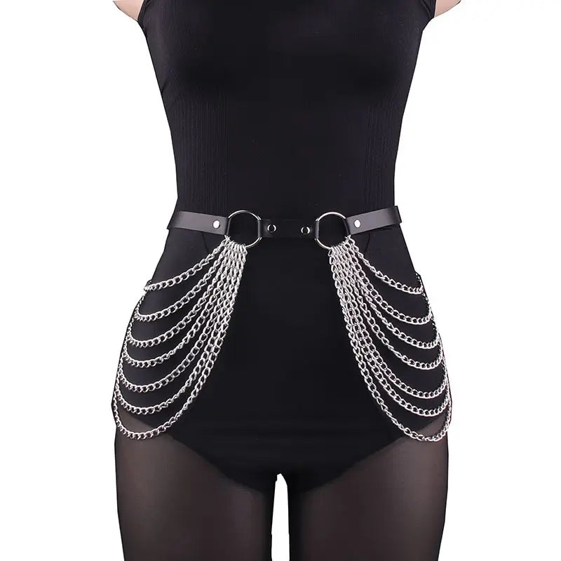 Women’s Sexy Leather Leg Chain Harness – Garter Belt Waist Corset with Thigh Straps & Gothic Accents