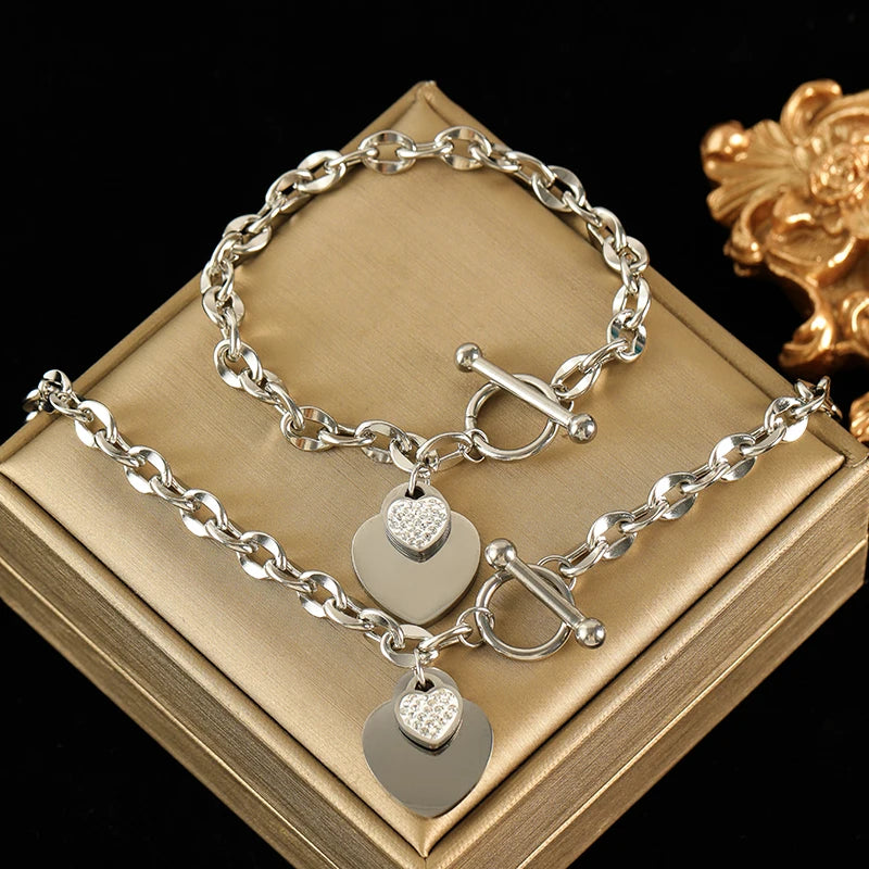 Elegant 3-Color Double Heart Necklace & Bracelet Set – Stainless Steel, Gold/Silver, Waterproof Crystal Jewellery for Women