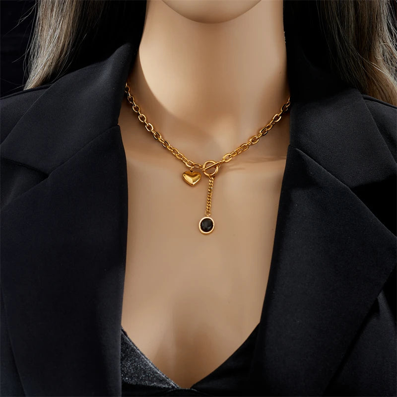Stainless Steel Heart Pendant Necklace – Black Stone & Gold OT-Buckle Chain Jewelry for Women