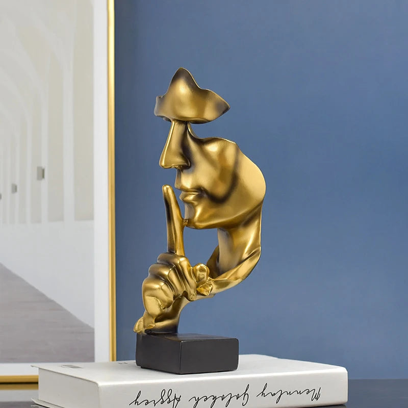 “Thinker” Resin Statue – Silence Is Gold Figurine | Retro Abstract Face Sculpture for Home, Office & Study Decor