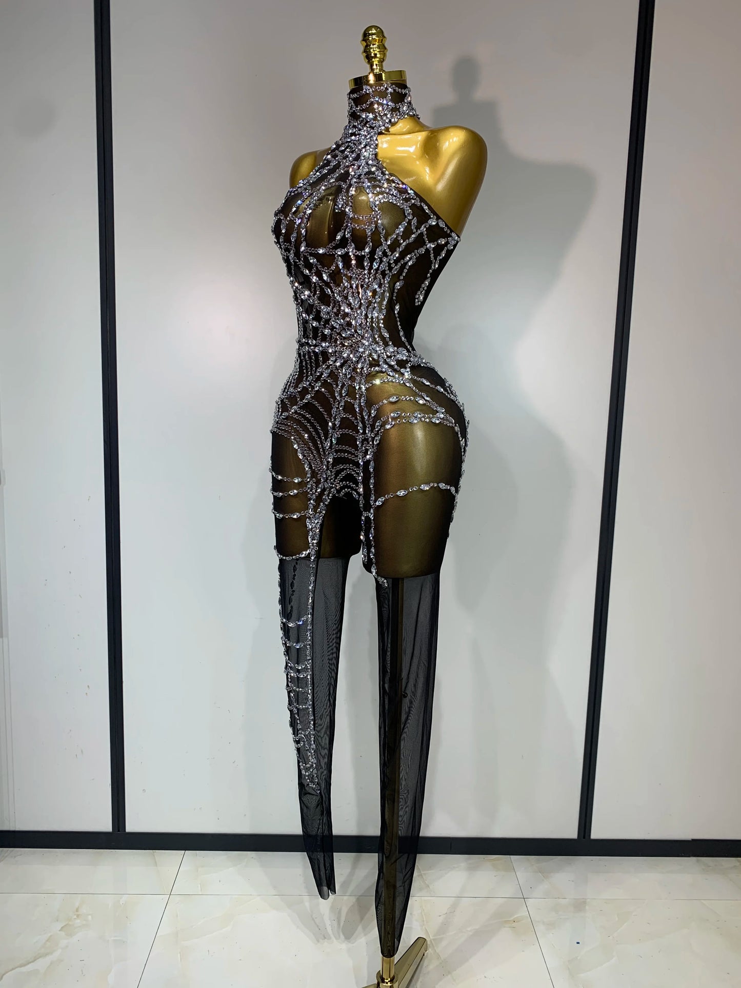 Sparkly Mesh Diamond Jumpsuit for Women – Sexy See-Through Clubwear, Go-Go Dancer & Drag Queen Stage Costume
