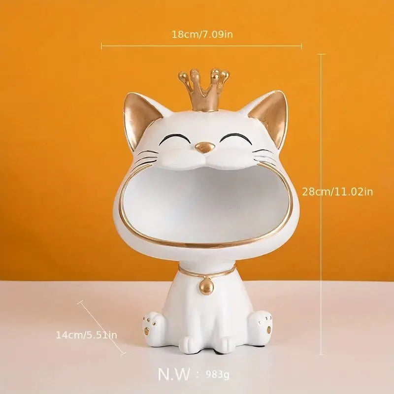 Fortune Crown Big Mouth Cat Key Tray – Decorative Ornament & Luxury Home Sculpture | Housewarming Gift Accent