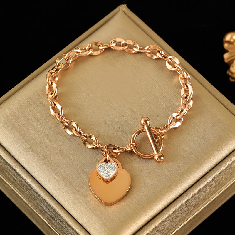 Elegant 3-Color Double Heart Necklace & Bracelet Set – Stainless Steel, Gold/Silver, Waterproof Crystal Jewellery for Women