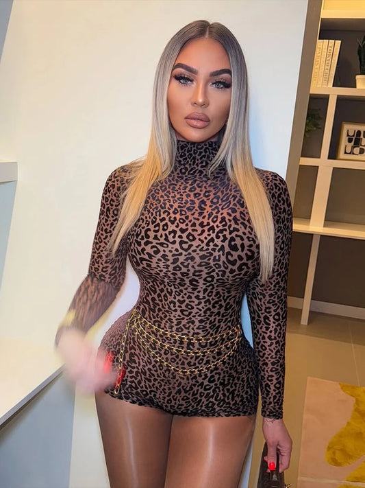 Leopard Print Sheer Romper – Sexy Long Sleeve Turtleneck Stretch Playsuit for Women, Fall Nightclub Outfit