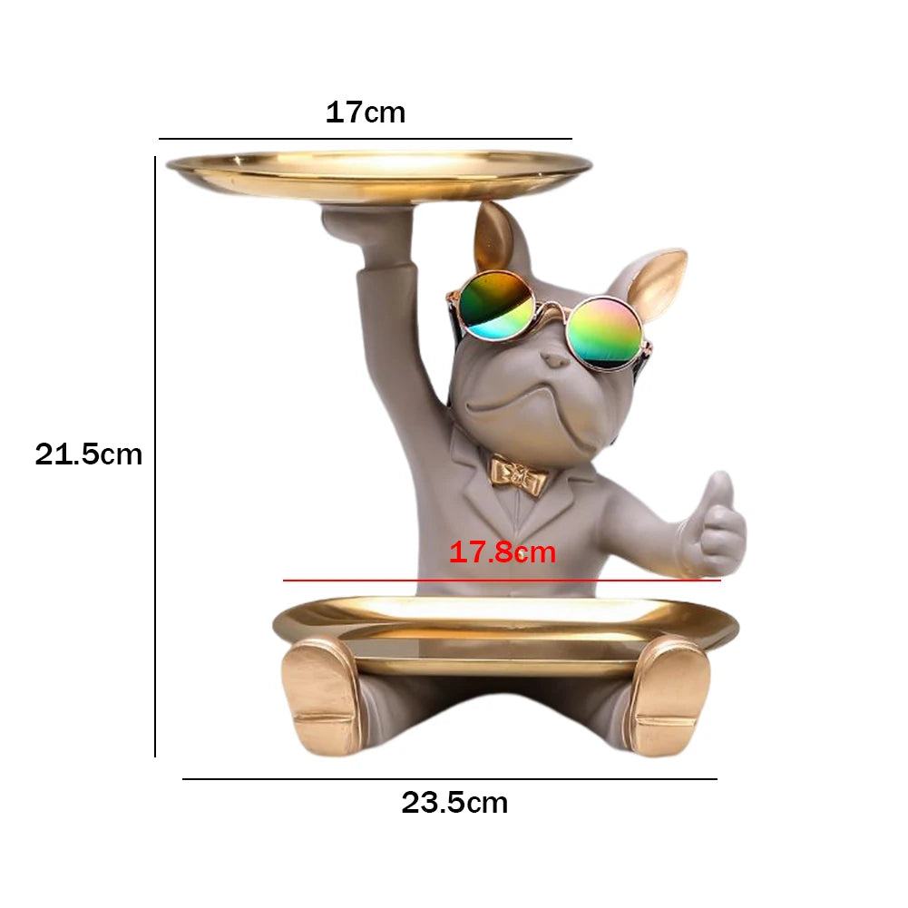 Bulldog Teddy “Cool Butler” Sculpture – Resin Dog Ornament with Storage Tray | Nordic Table Decor & Coin Piggy Bank