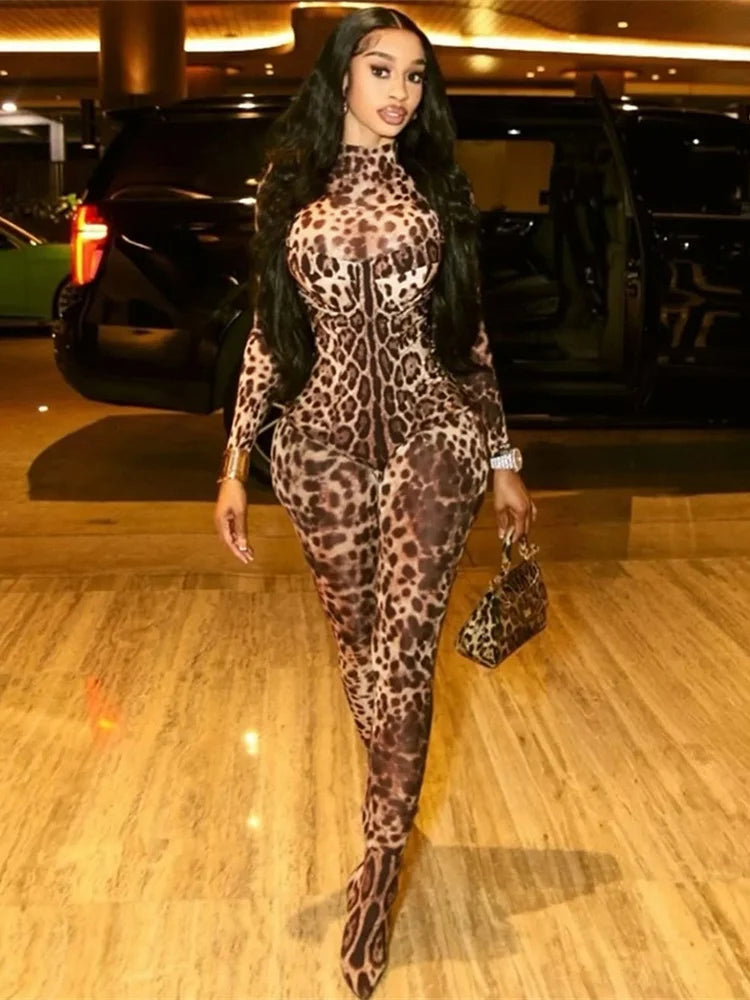 Leopard Print Zip-Up Jumpsuit for Women – Long Sleeve Stretch Fitness Romper