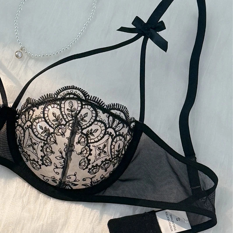 Effortlessly Elegant. Unapologetically Seductive French Lingerie Set – Lace Embroidered Bra and T-Back Panty