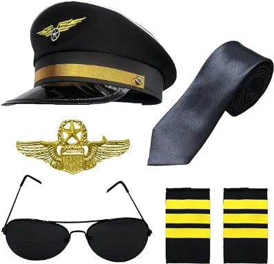 Pilot Costume Accessories Set of 4 – Hat, Badge, Tie & Sunglasses