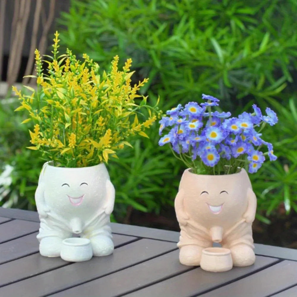 Human Face Flower Pot – Unique Fun Head Planter Vase with Drainage for Outdoor Plants, Garden, Patio, and Office Decor Funny Gift Present Peeing Boy