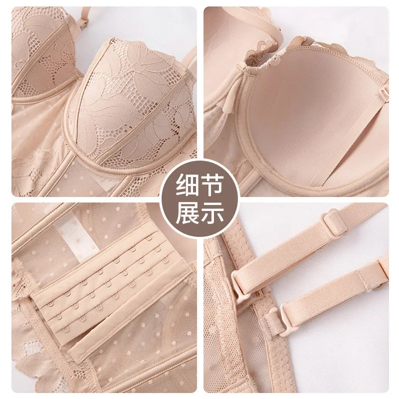 French Lace Dobby Corset Lingerie Set – Soft Bra & Panties for Women, Romantic Wedding Body Shaper & Cropped Top Underwear