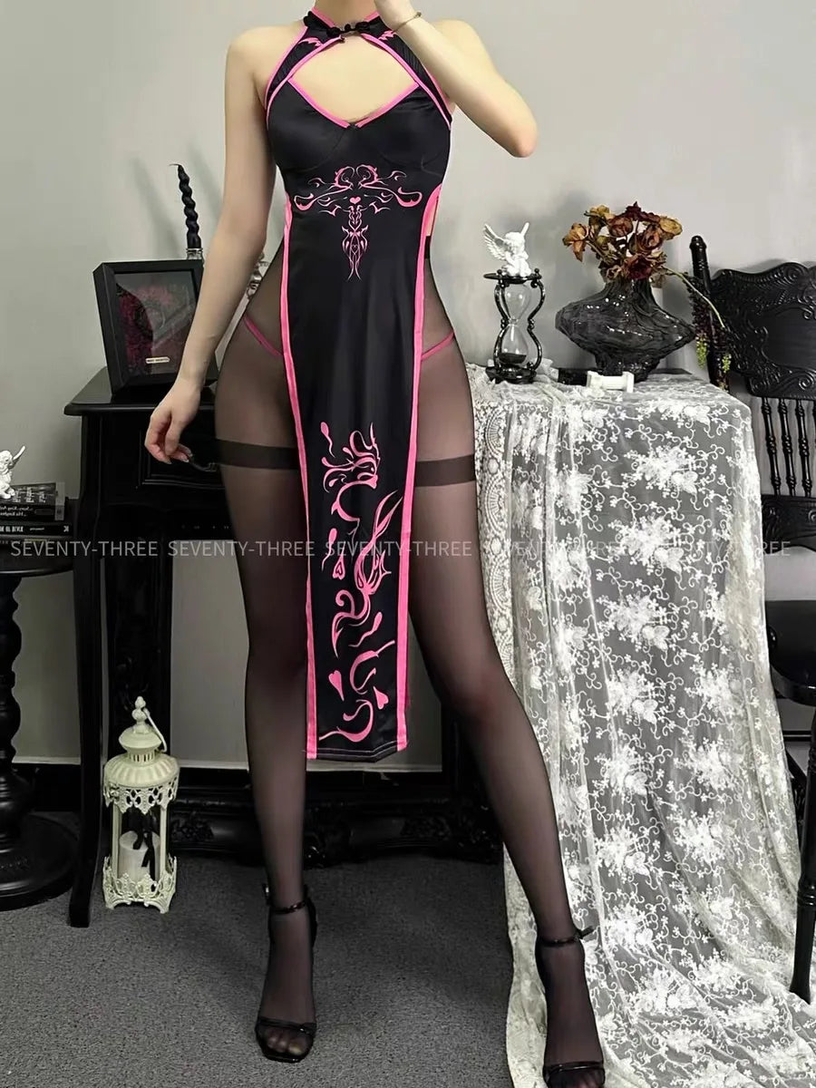 Sexy Retro Cheongsam Bodysuit & High-Slit Dress – Devilish Fairy Totem Demon Costume for Halloween & Cosplay