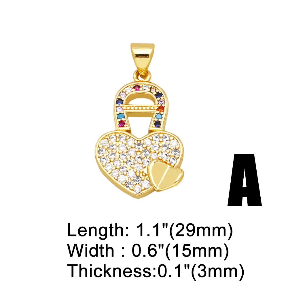 Trendy Gold-Plated Heart Pendant – Lock & Star Amulet Charm for Necklace Making, Shiny Crystal Jewellery Supplies