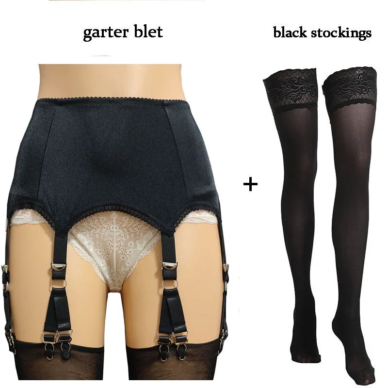 Vintage Sexy Women’s Garter Belt with Lace Stockings – Retro High-Waisted Suspender Belt with 6 Straps & 12 Claws