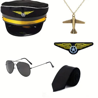 Pilot Costume Accessories Set of 4 – Hat, Badge, Tie & Sunglasses