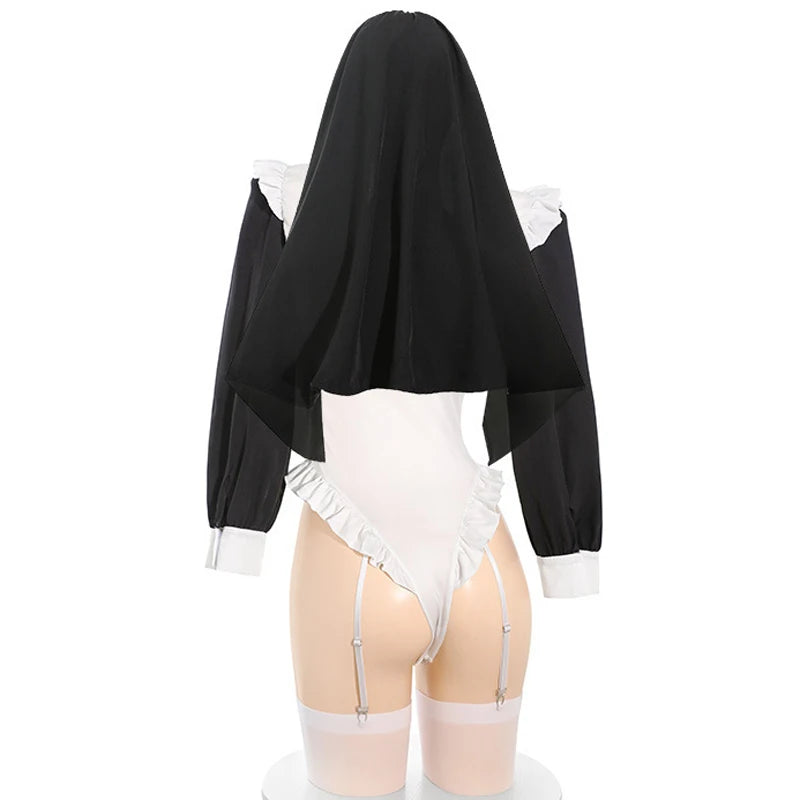Anime Game-Inspired Nun & Maid Bodysuit – Women’s Convent Cosplay Costume for Halloween & Dress-Up