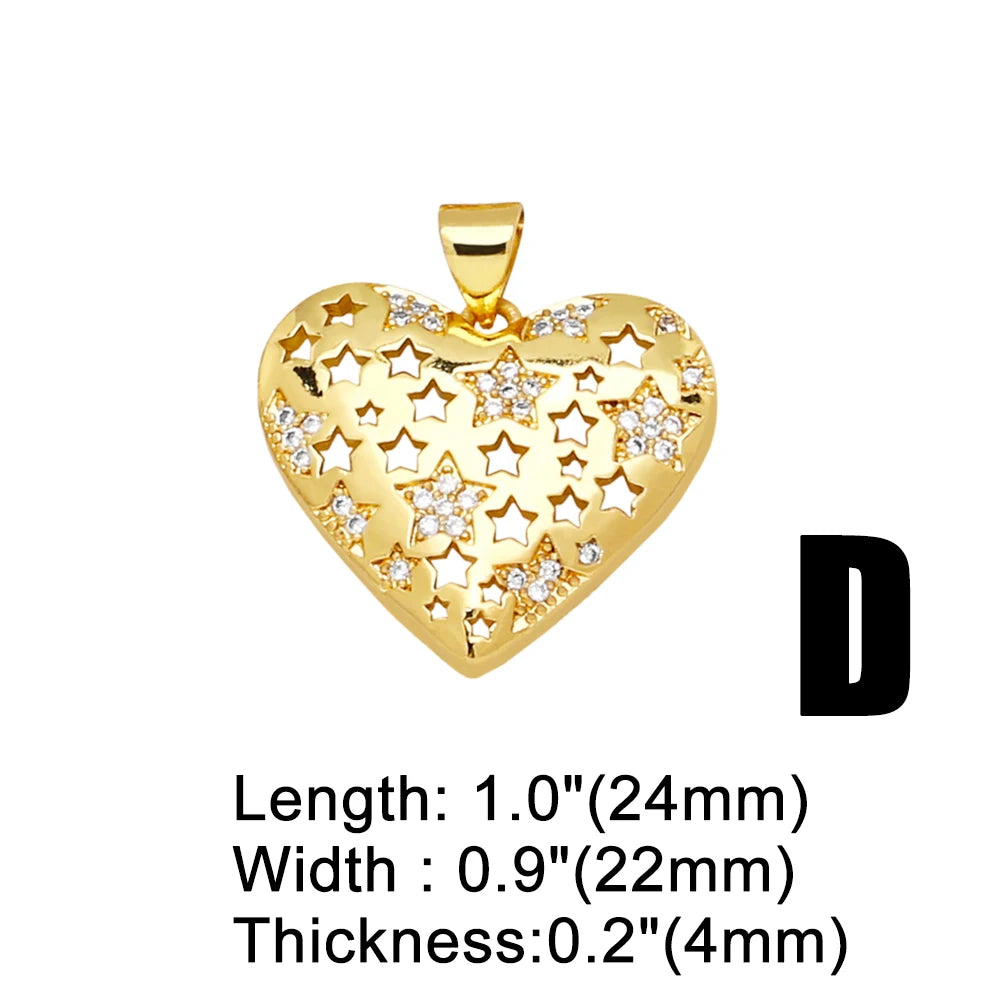 Trendy Gold-Plated Heart Pendant – Lock & Star Amulet Charm for Necklace Making, Shiny Crystal Jewellery Supplies