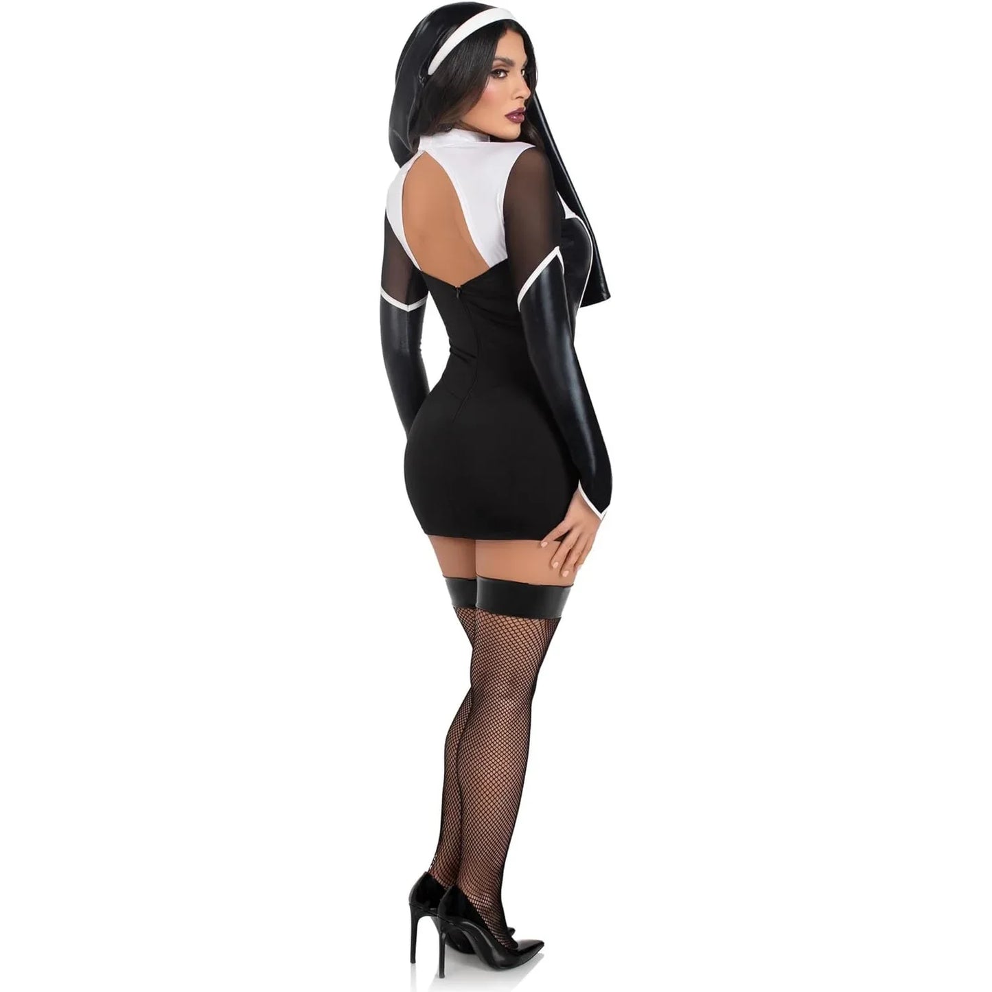 Sexy PU Leather Halloween Costume – Women's Long Sleeve Cut-Out Cosplay Dress (Maid/Nun Inspired)