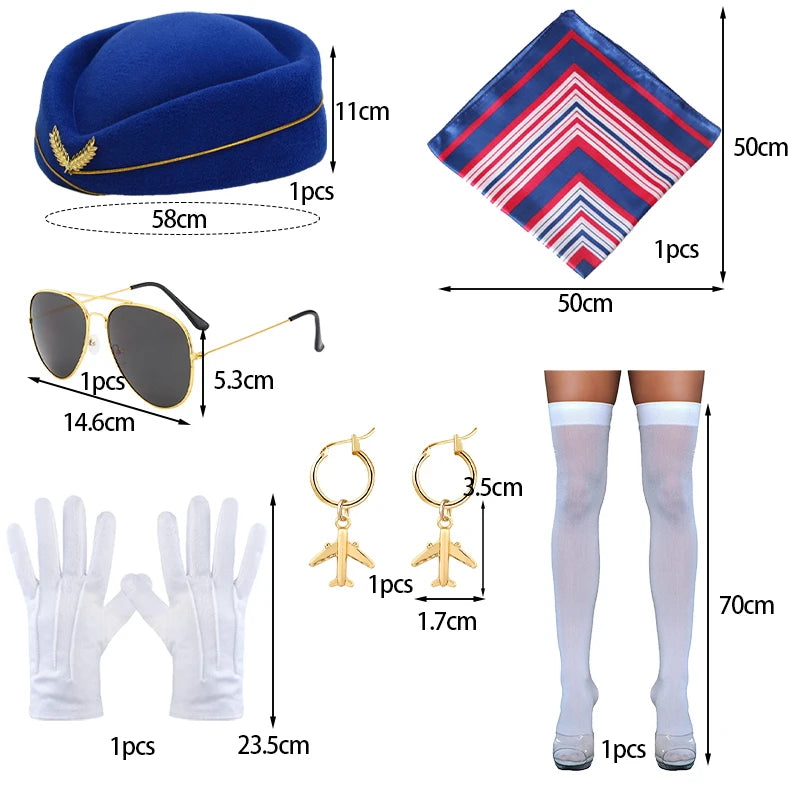 Women's Stewardess Costume – Complete Flight Attendant Outfit with Hat, Gloves, Scarf & Sunglasses