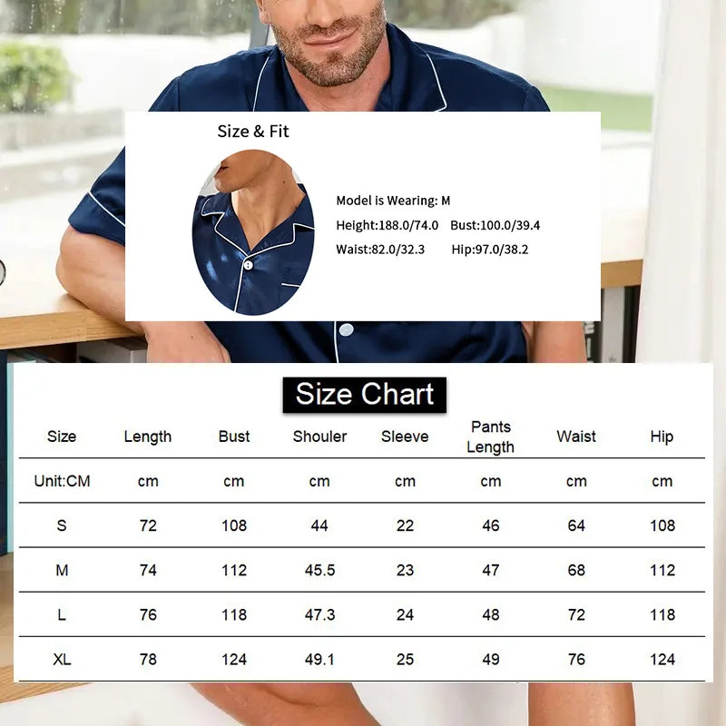 Men’s Satin Short Sleeve Pajama Set – Summer Sleepwear with Button-Down Shirt & Elastic Waist Shorts