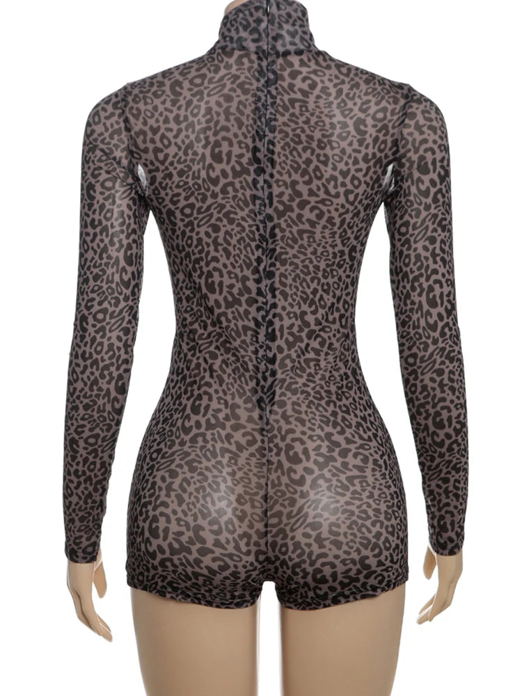 Leopard Print Sheer Romper – Sexy Long Sleeve Turtleneck Stretch Playsuit for Women, Fall Nightclub Outfit