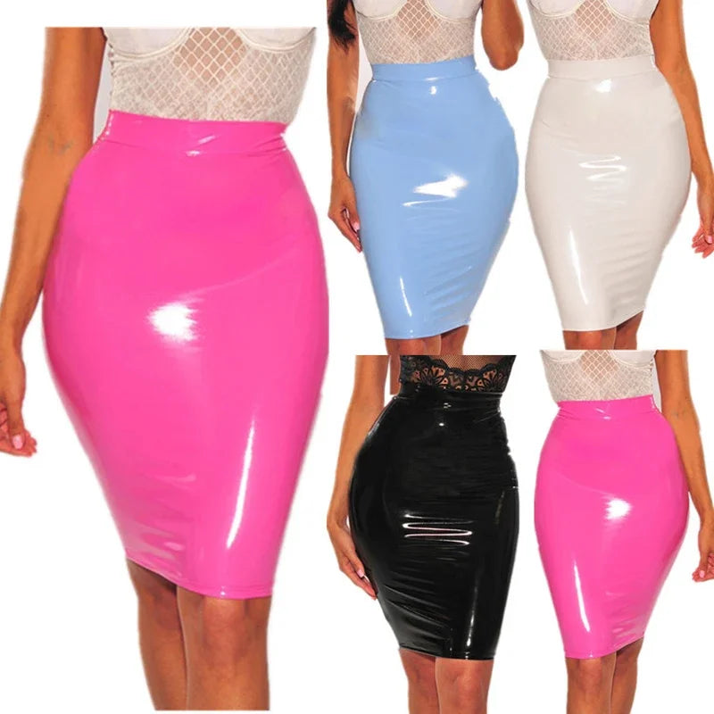 Sexy Women’s Candy Colour PU Leather Pencil Skirt – High-Waisted Bodycon Slim Fit Knee-Length Skirt